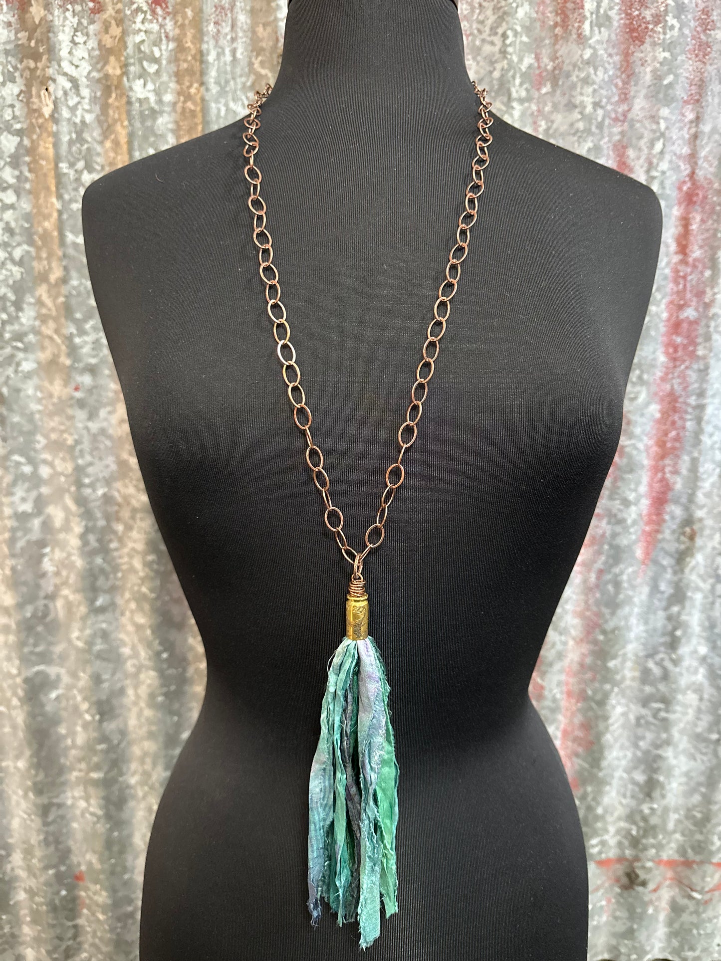 Peacock Green Blue Silk Tassel Bullet Casing Necklace