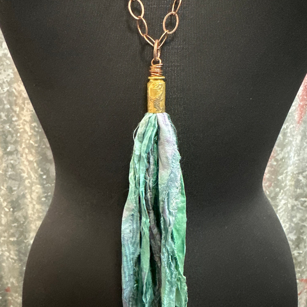 Peacock Green Blue Silk Tassel Bullet Casing Necklace