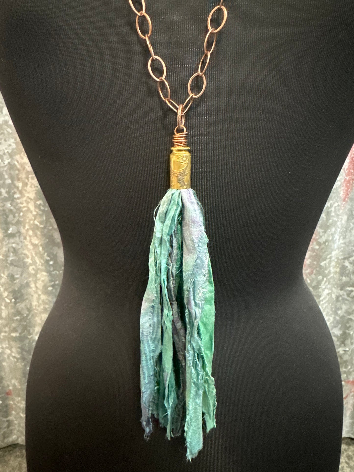 Peacock Green Blue Silk Tassel Bullet Casing Necklace