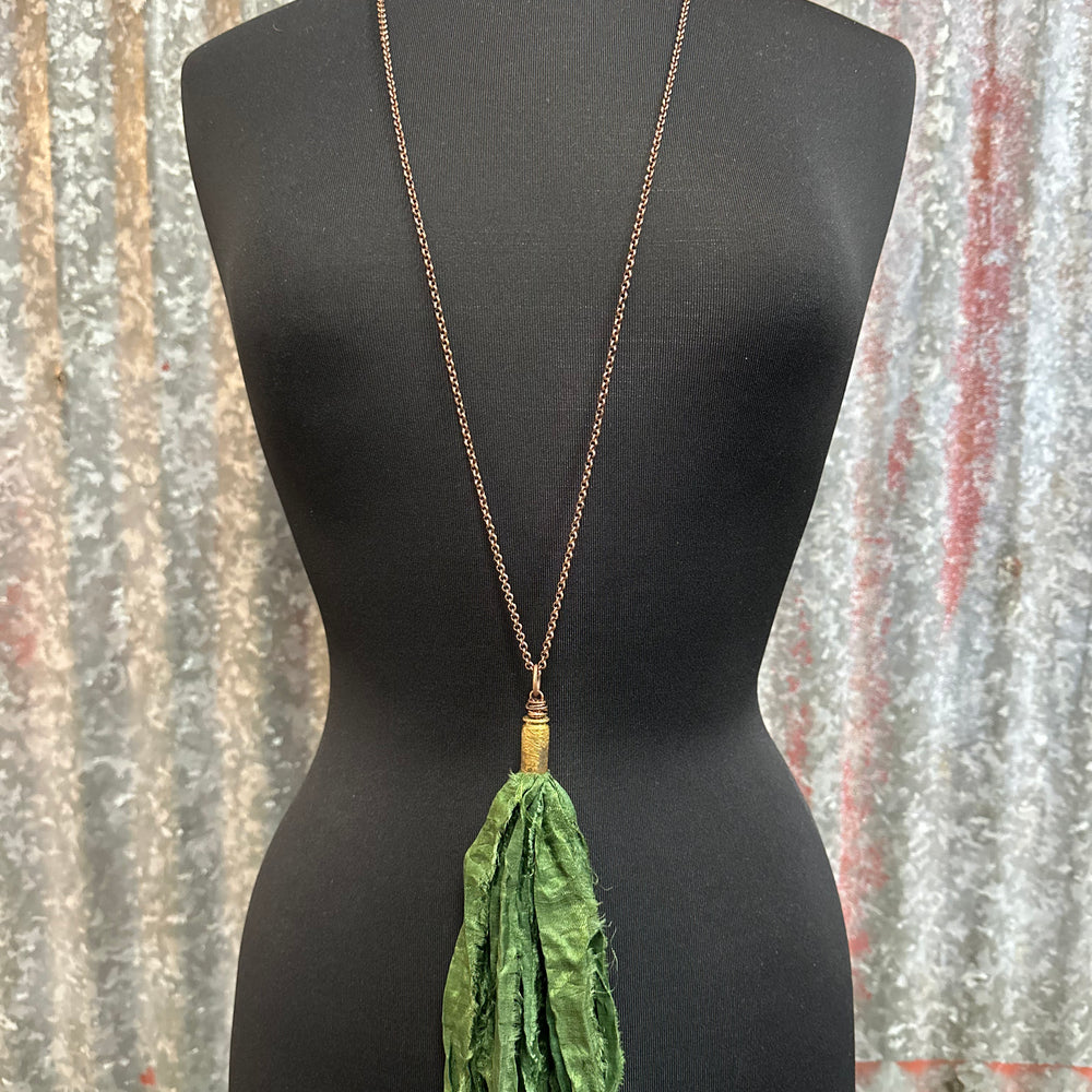 Forest Green Silk Tassel Bullet Casing Necklace