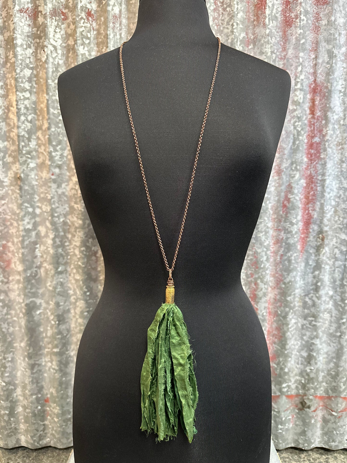 Forest Green Silk Tassel Bullet Casing Necklace