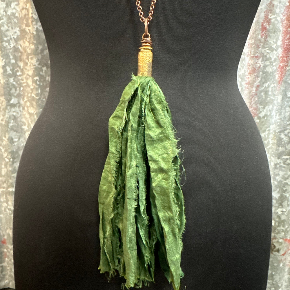 Forest Green Silk Tassel Bullet Casing Necklace