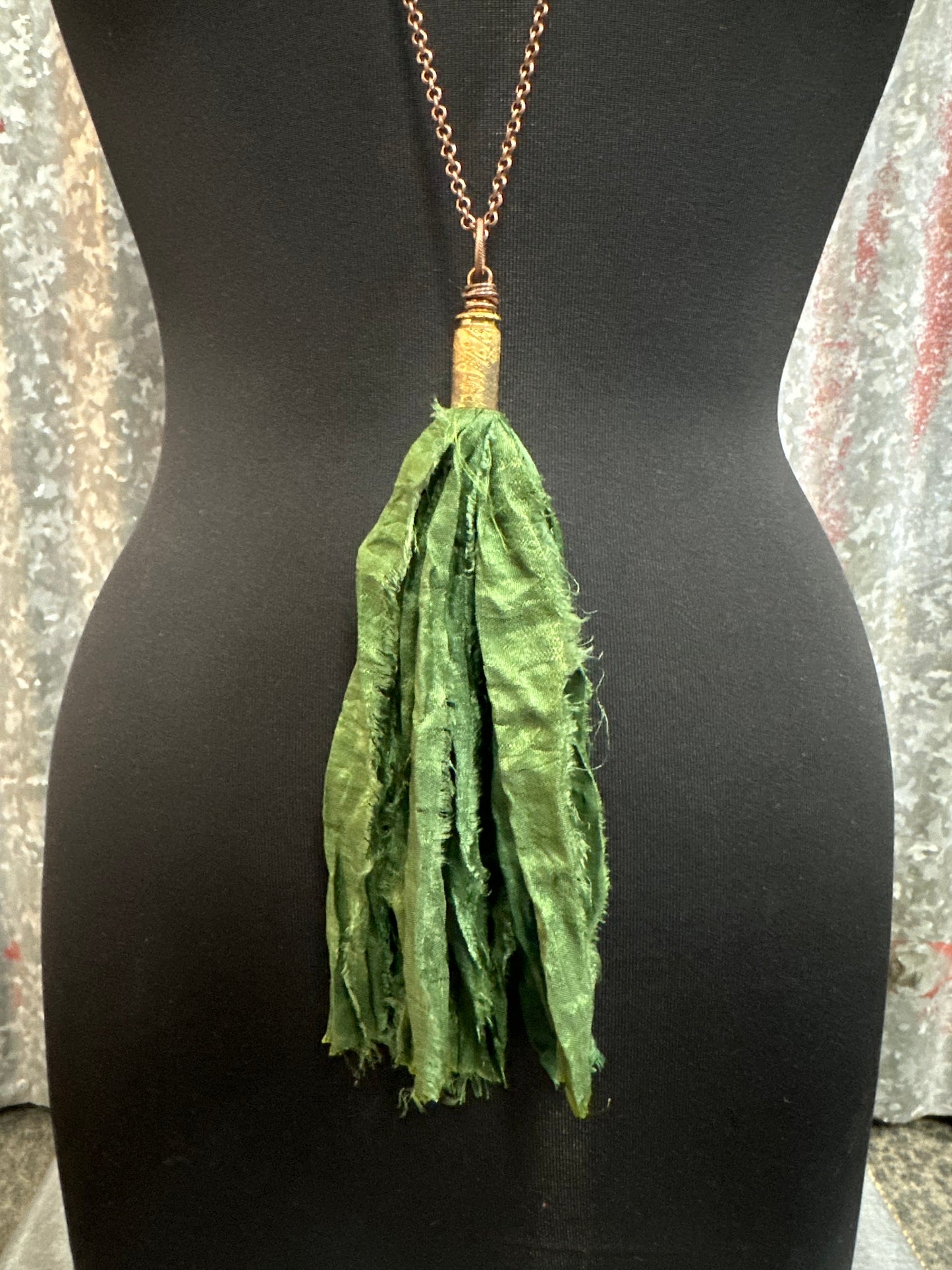 Forest Green Silk Tassel Bullet Casing Necklace