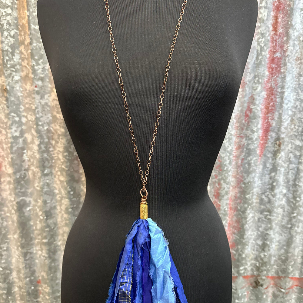 Patch Shades of Blue Silk Tassel Bullet Casing Necklace