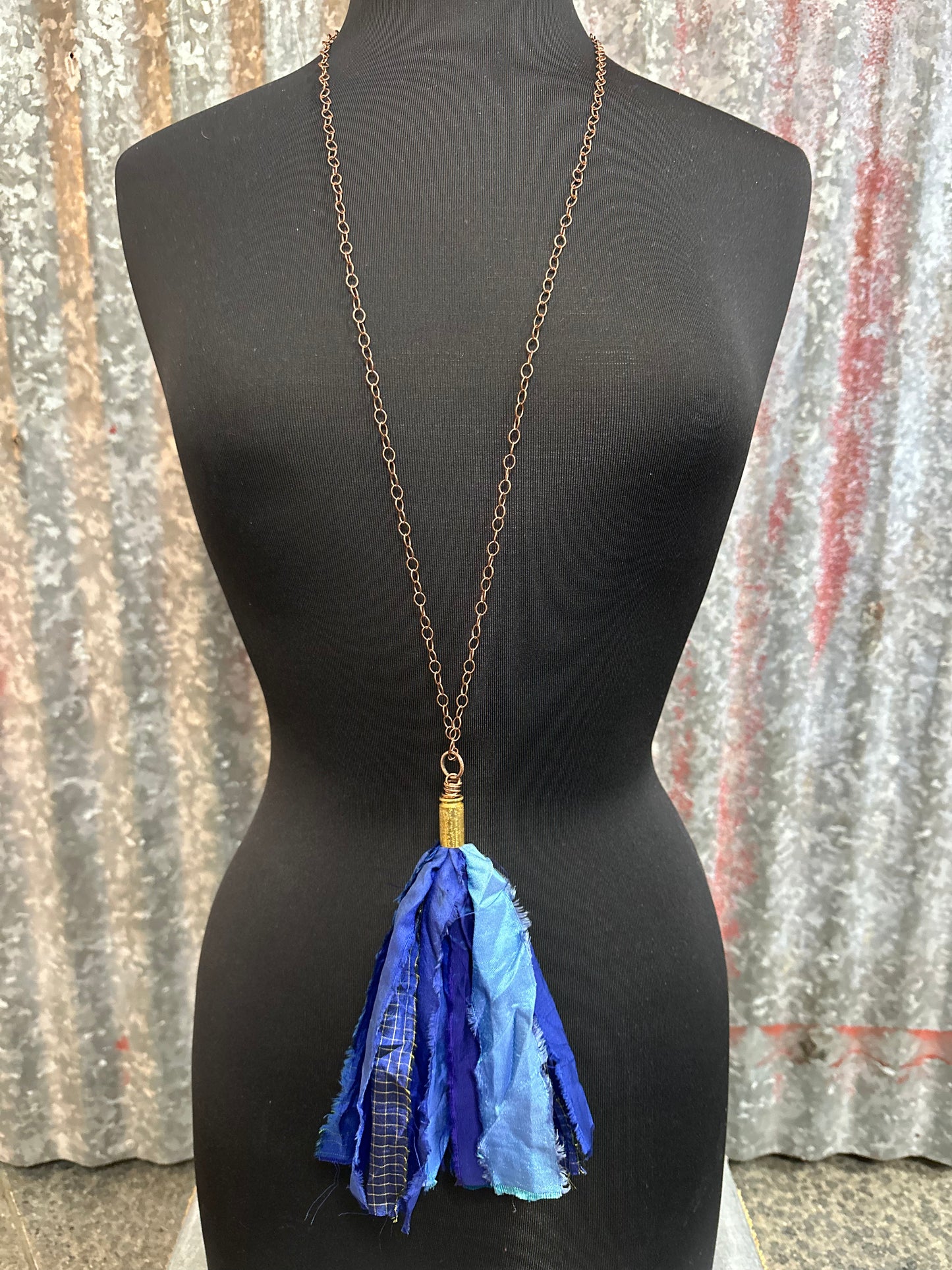 Patch Shades of Blue Silk Tassel Bullet Casing Necklace