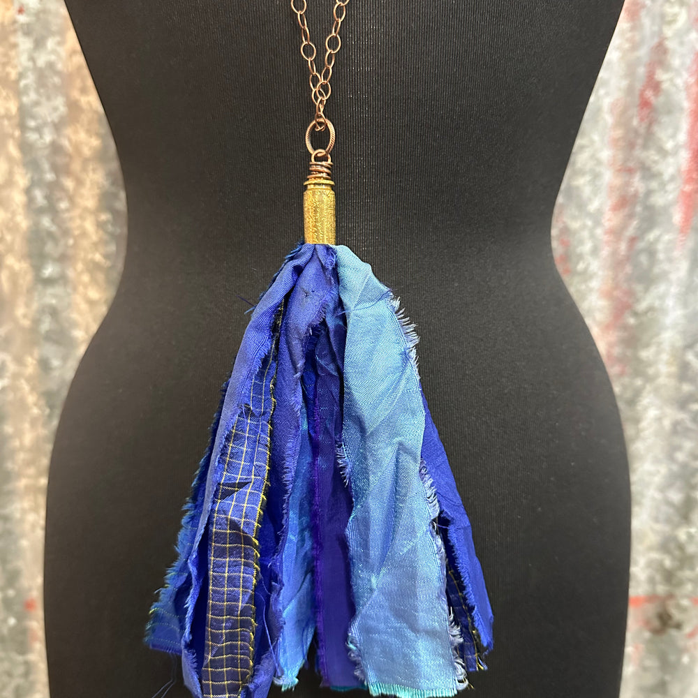 Patch Shades of Blue Silk Tassel Bullet Casing Necklace