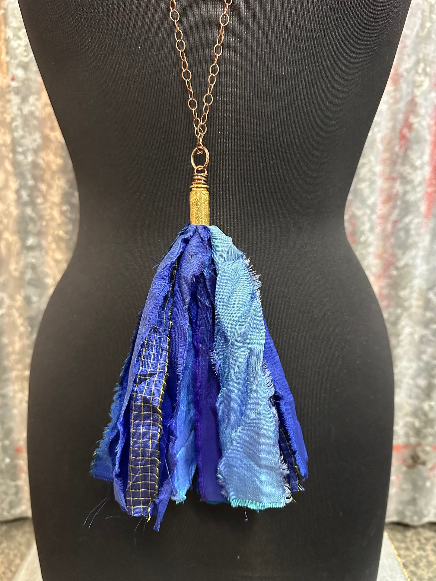 Patch Shades of Blue Silk Tassel Bullet Casing Necklace