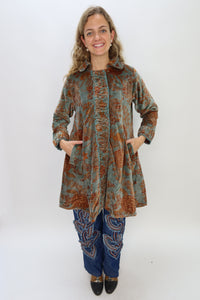 Vintage Teal and Brown Printed Velvet Jacket with Rusching
