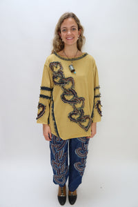 Reversible Mustard Fleece Top with Distressed Denim Heart Accents