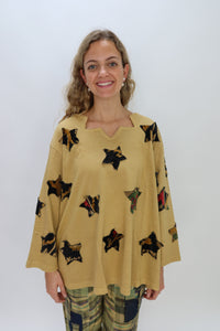 Mustard Star Neckline French Terry with Velvet Stars