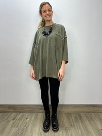 Olive Green Long Sleeve One Pocket Ribbed Top