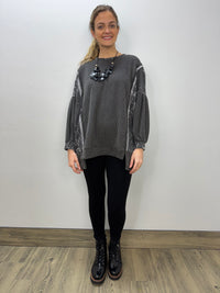 Charcoal Gray Long Sleeved Ribbed Floral Top