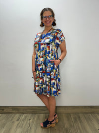 Blue and Red Empire Waist Short Sleeve Graffiti Dress