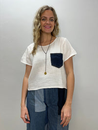 White Cotton Gauze Short Sleeve Top with Denim