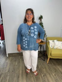 Blue Garment Dyed Cotton Slub V-Neck Tulip Hem Top