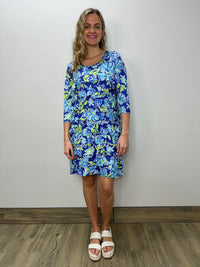 Blue Floral Pattern Ruffle Dress with 3/4 Sleeves