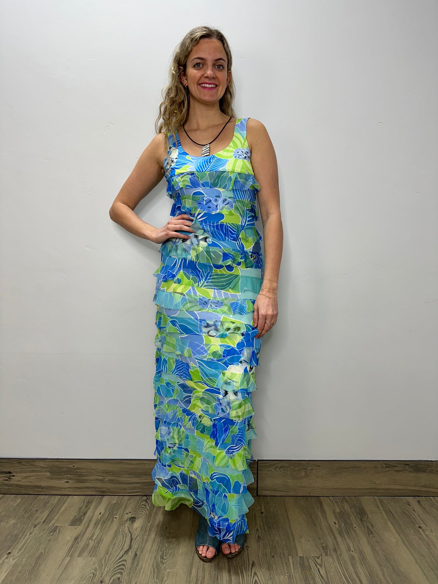 Blue Floral Pattern Sleeveless Mesh Ruffle Maxi Dress Twist Boutique Blue Floral Pattern Sleeveless Mesh Ruffle Maxi Dress Twist Boutique