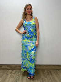 Blue Floral Pattern Sleeveless Mesh Ruffle Maxi Dress