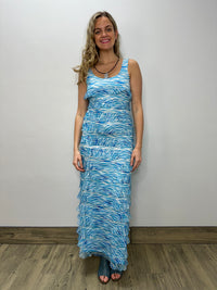 Blue Waves Sleeveless Mesh Ruffle Maxi Dress