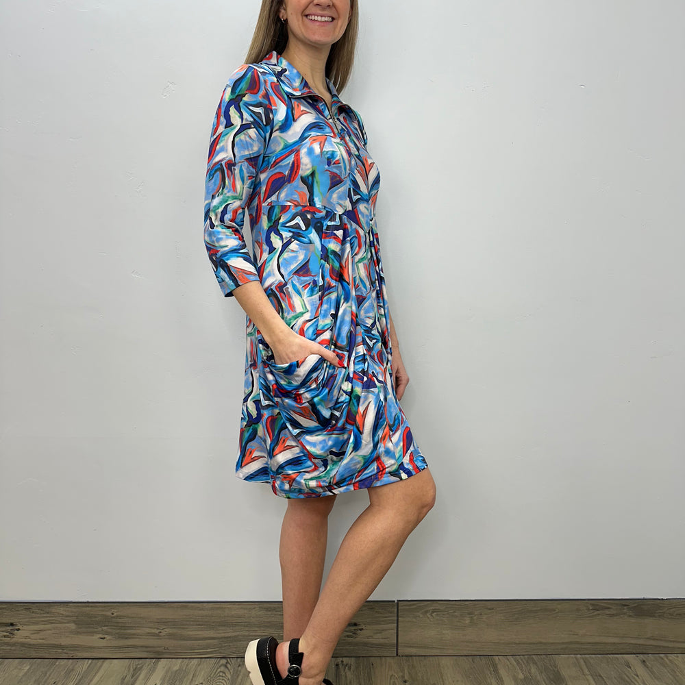 Blue Pattern 3/4 Sleeve Zip Up Dress