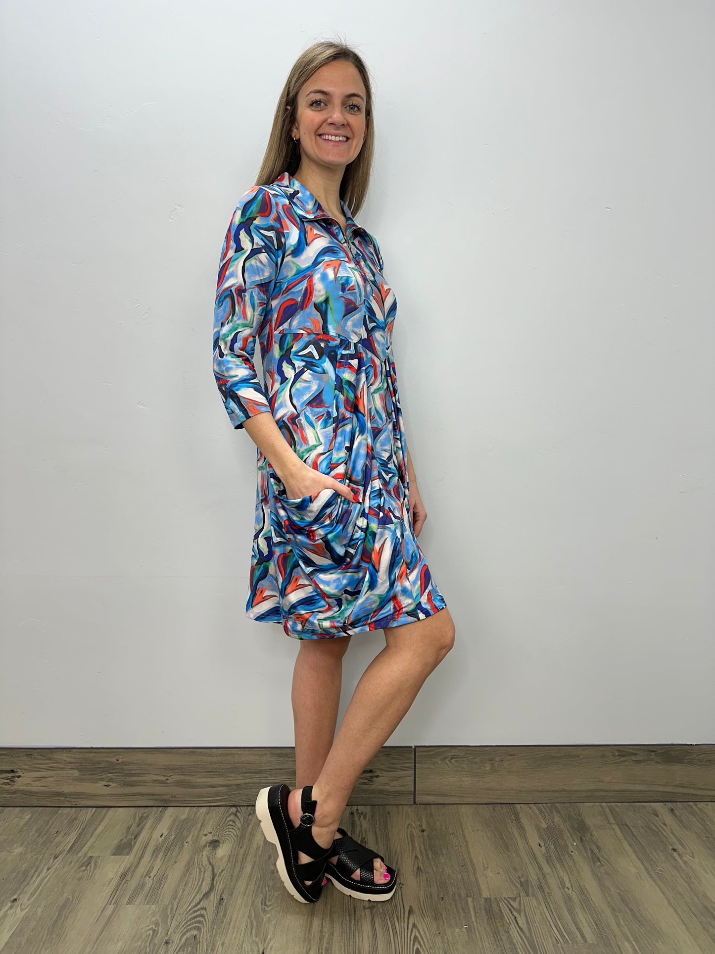 Blue Pattern 3/4 Sleeve Zip Up Dress