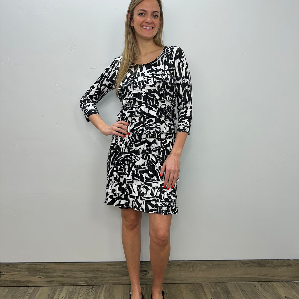 Black and White Scoop Neck Ruffle Dress