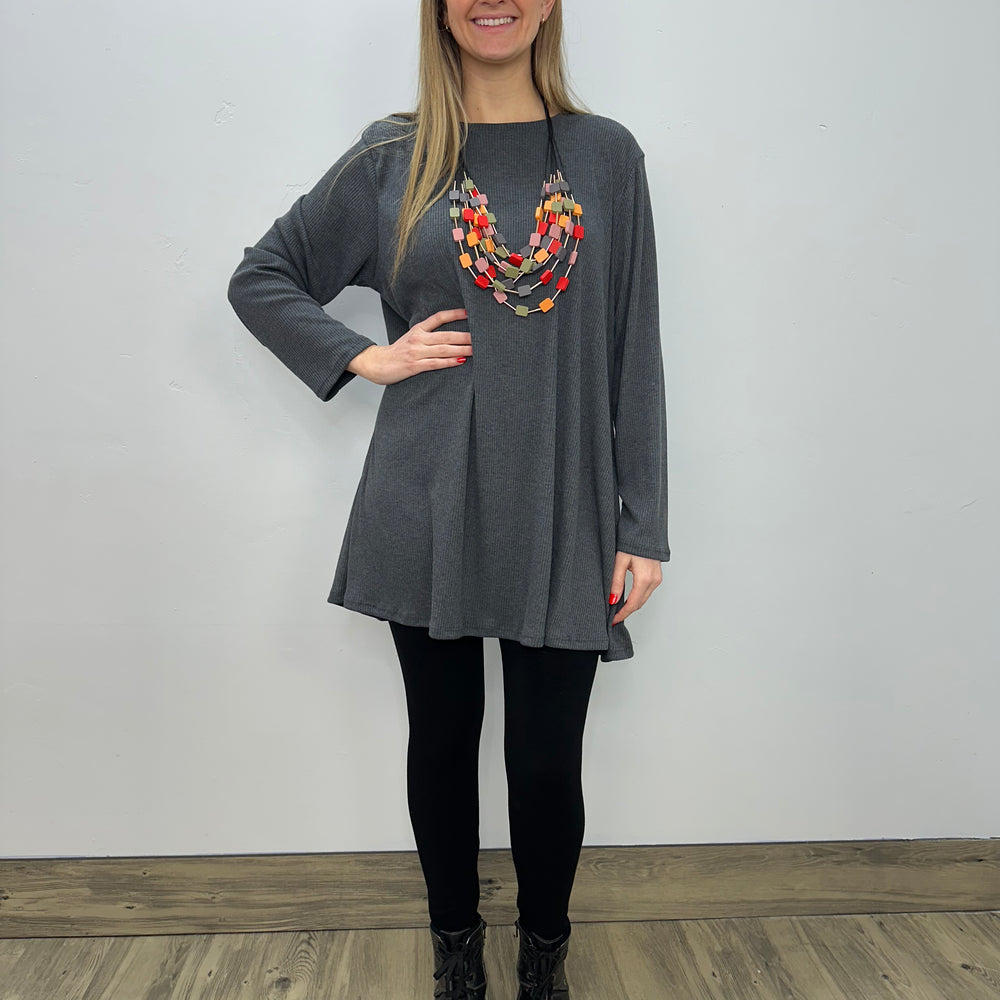 Long Sleeve Basic A-Line Tunic - Ribbed Charcoal