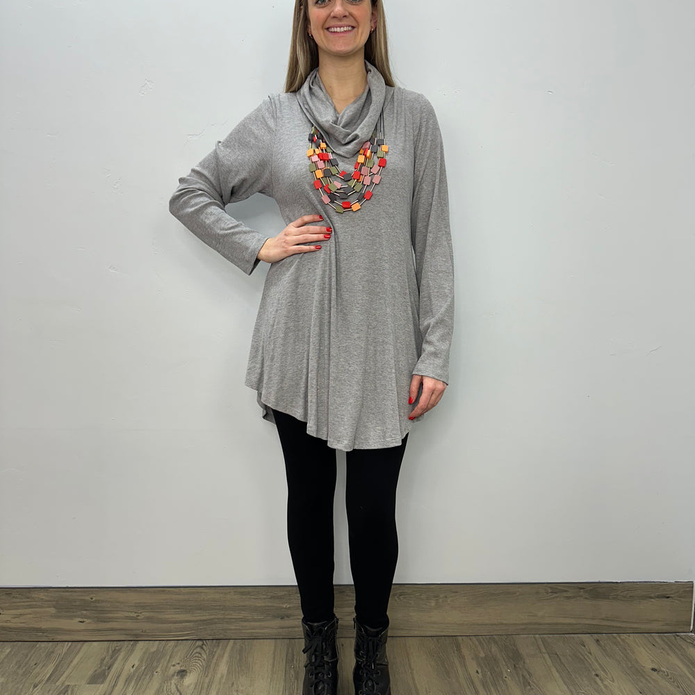 Light Grey Long Sleeve Ribbed Cowl Neck