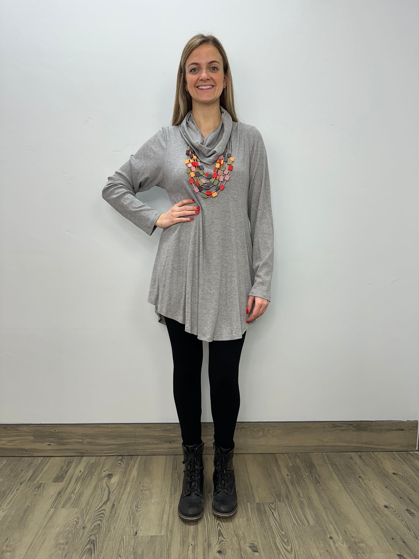 Light Grey Long Sleeve Ribbed Cowl Neck