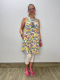 Blue and Yellow Watercolor Sleeveless Keyhole Dress