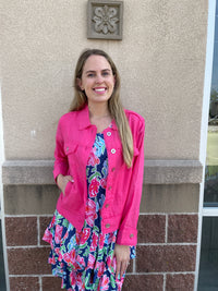 100% Linen Fuchsia Pink Collared Button Down Jacket