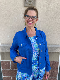 100% Linen Cobalt Blue Collared Button Down Jacket