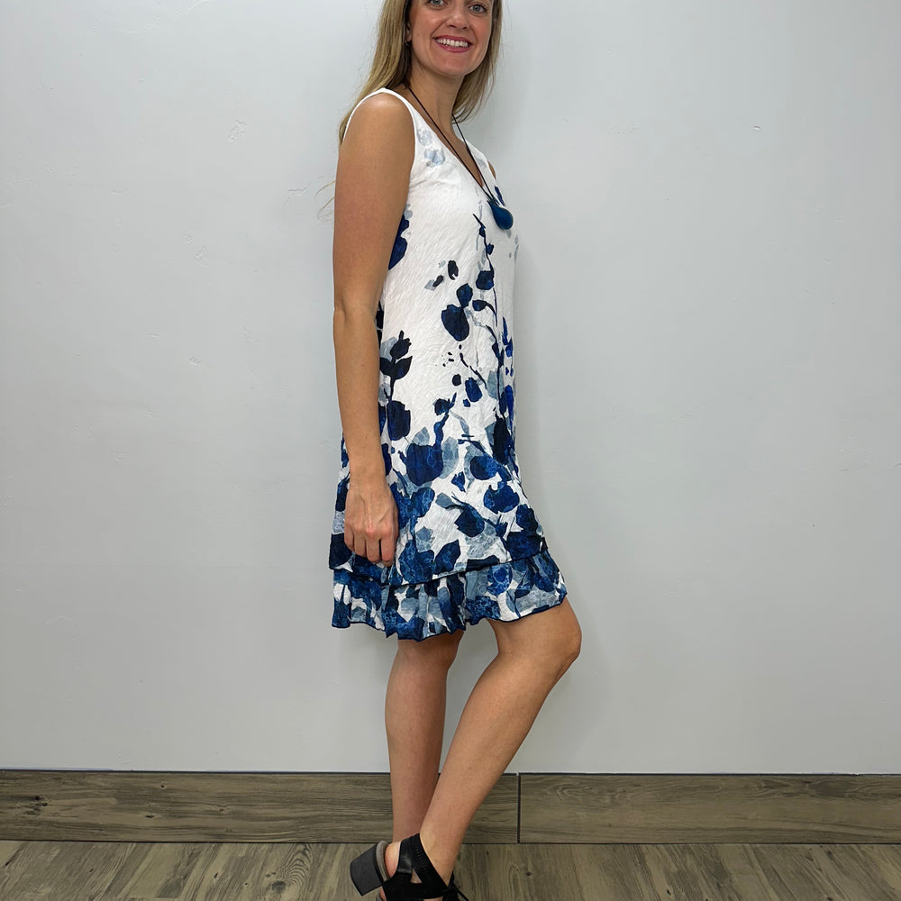 Crinkle Blue and White Sleeveless Tiered Dress