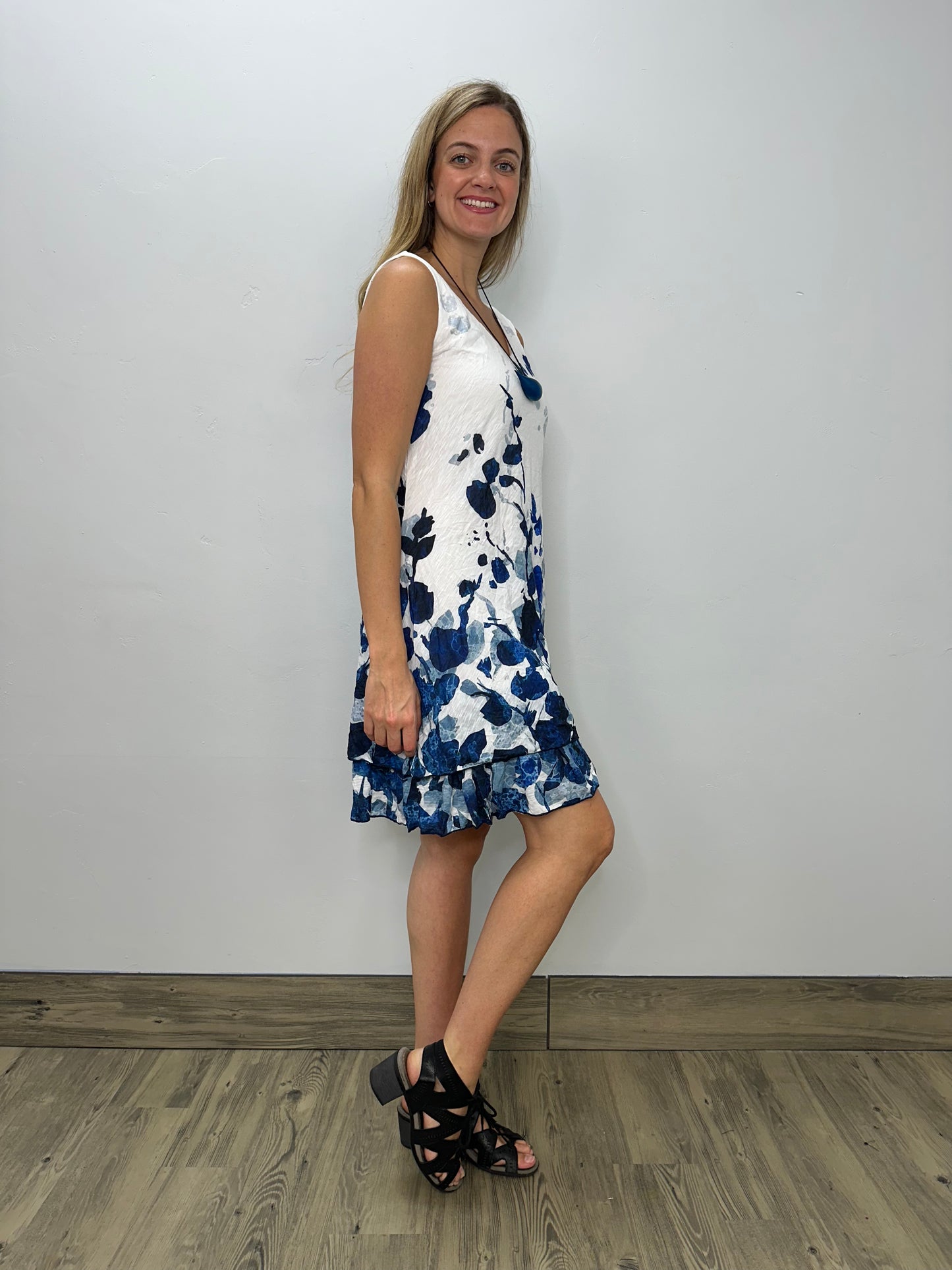 Crinkle Blue and White Sleeveless Tiered Dress