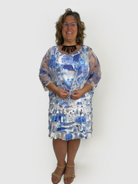 White and Blue Floral Pattern Mesh Bolero Jacket