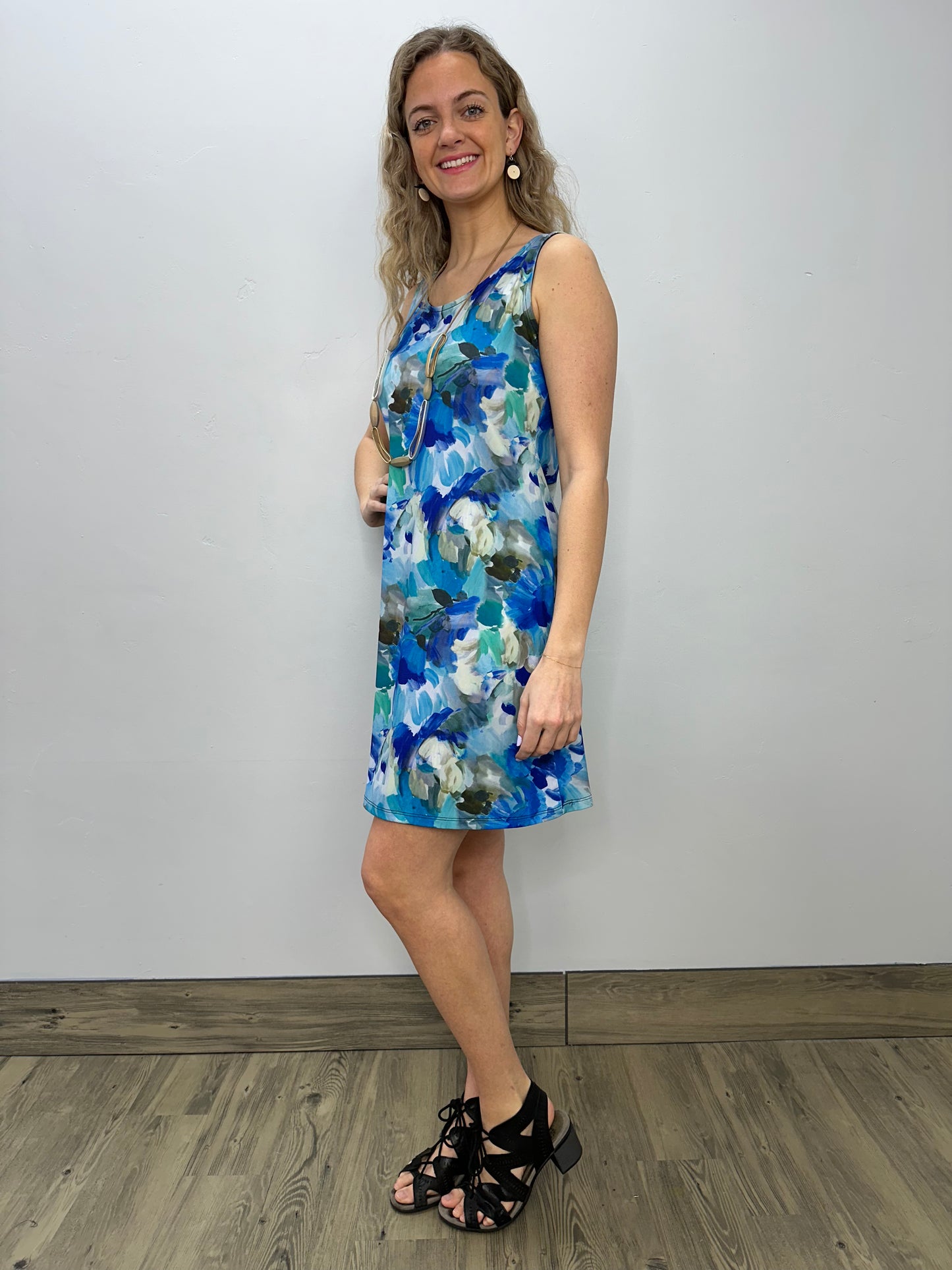 Blue Floral Sleeveless ITY Sun Dress