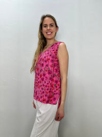 Pink Floral V-Neck Sleeveless Linen Top