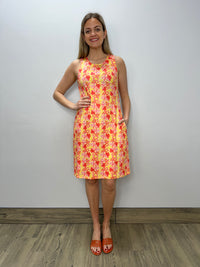 Orange and Pink Floral Pattern Sleeveless Aline Dress with Keyhole