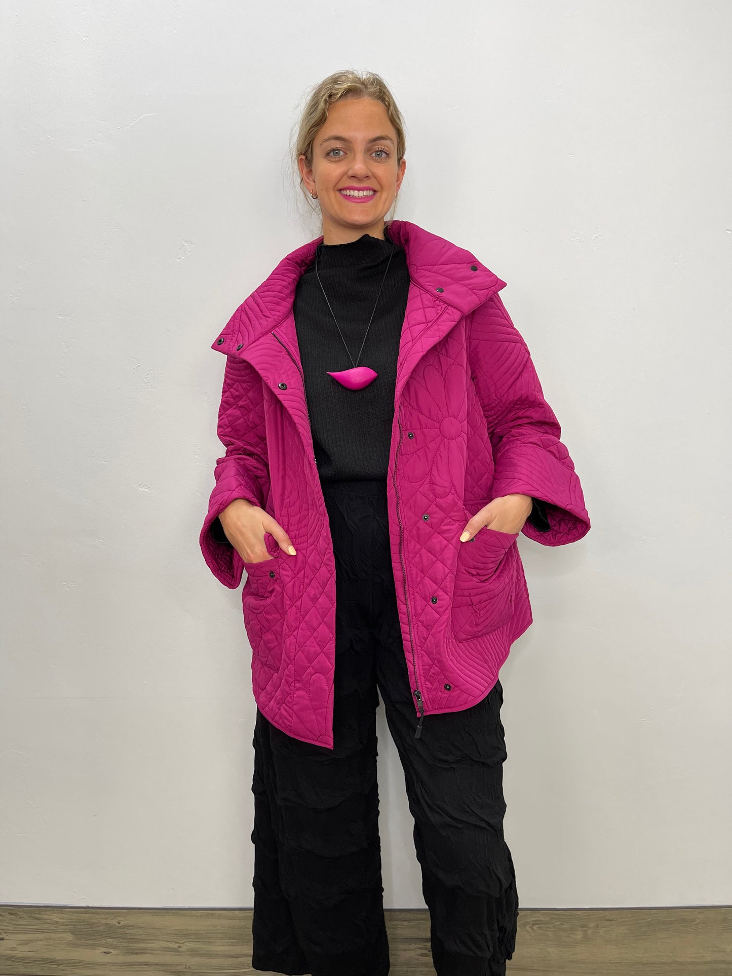 Fuchsia Pink Floral Quilted Zip Up Jacket