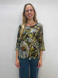 Watercolor Flower Hacci Pattern Scoop Neck Top