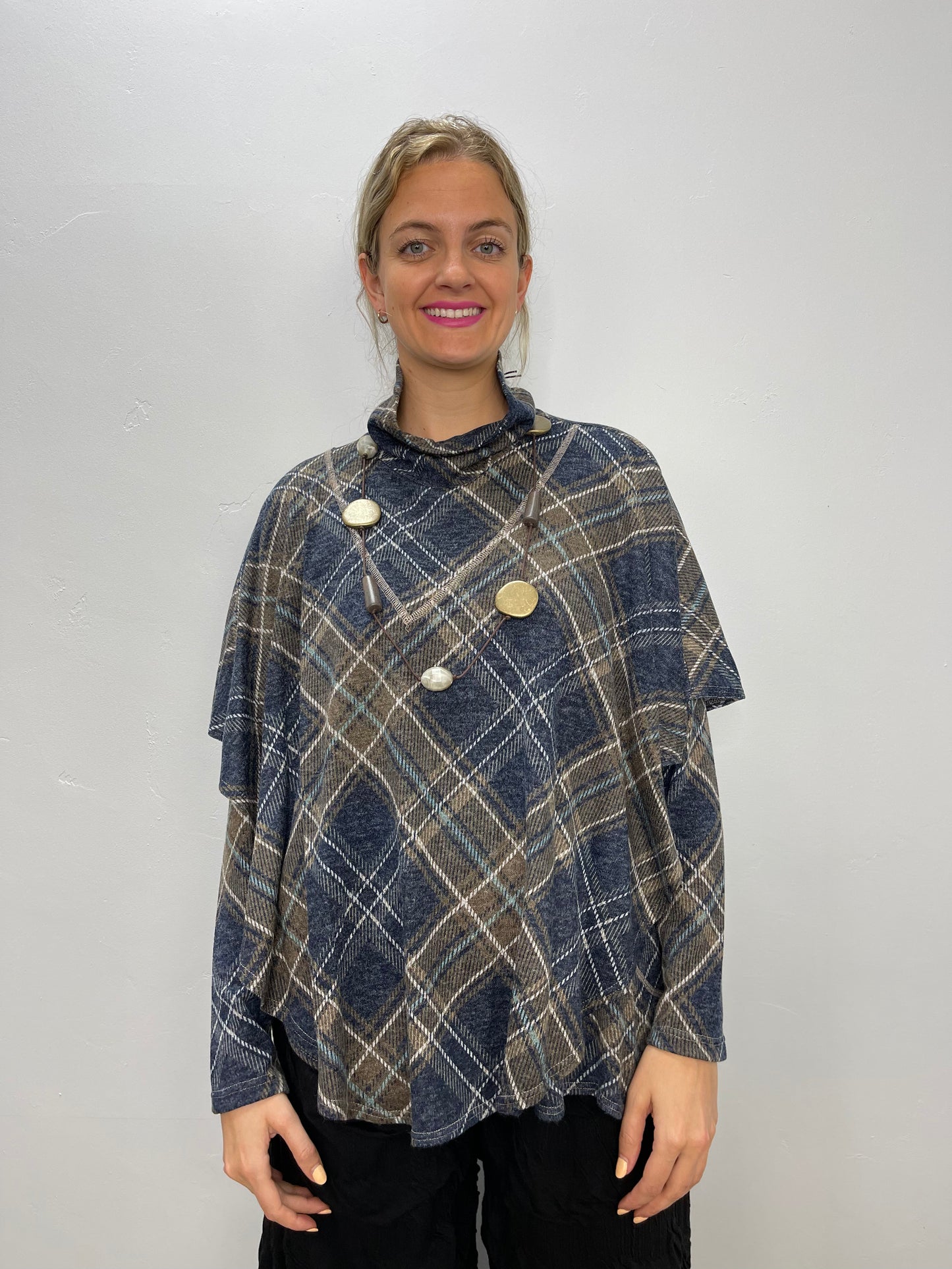 Brown and Navy Plaid Sleeveless Poncho