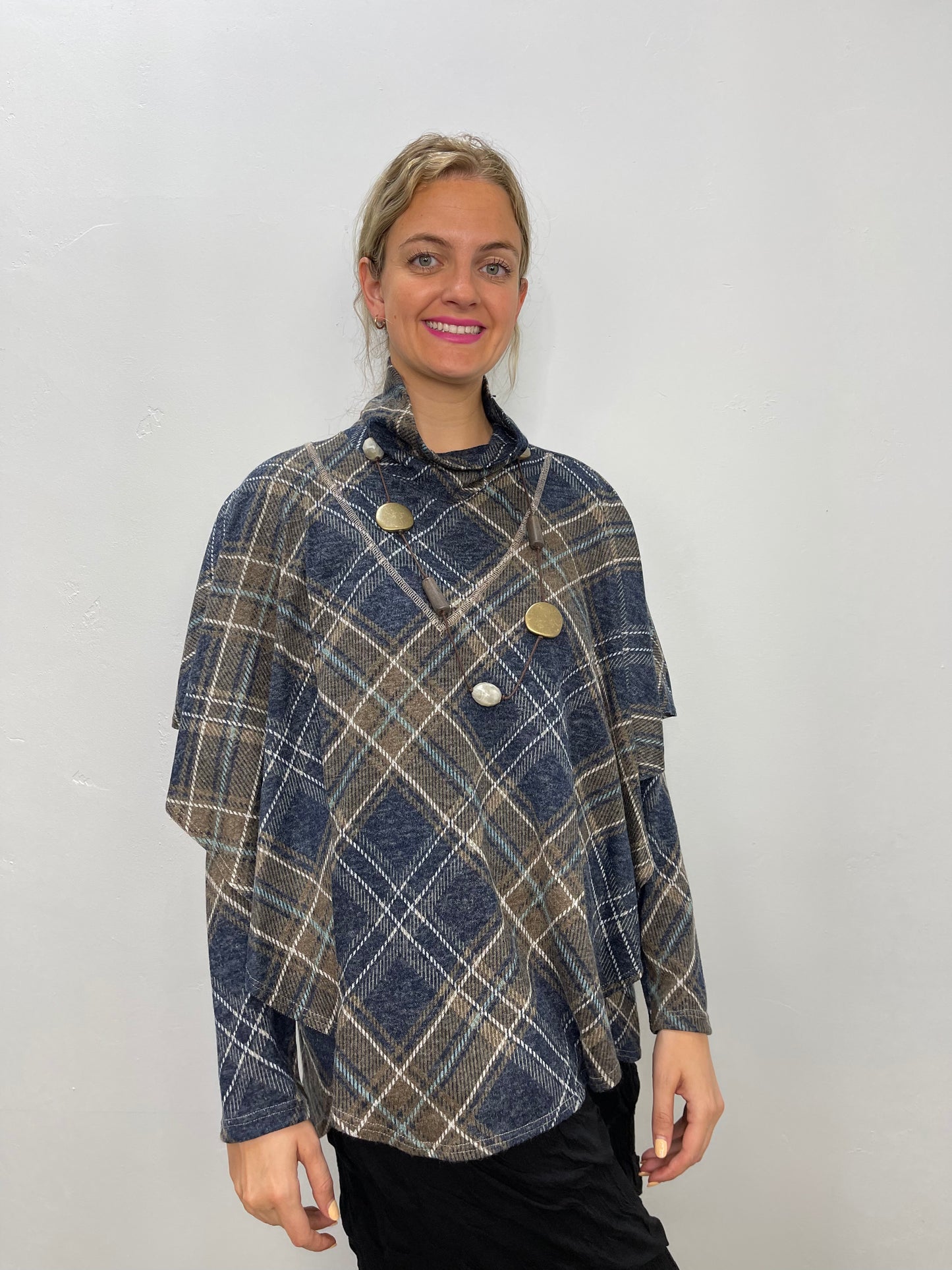 Brown and Navy Plaid Sleeveless Poncho
