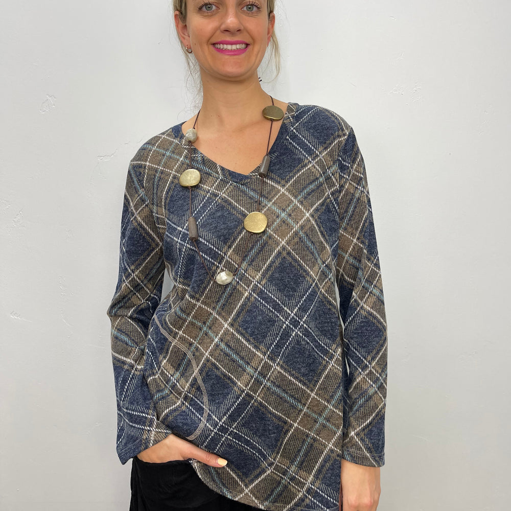 Brown and Navy Plaid Long Sleeve Tunic