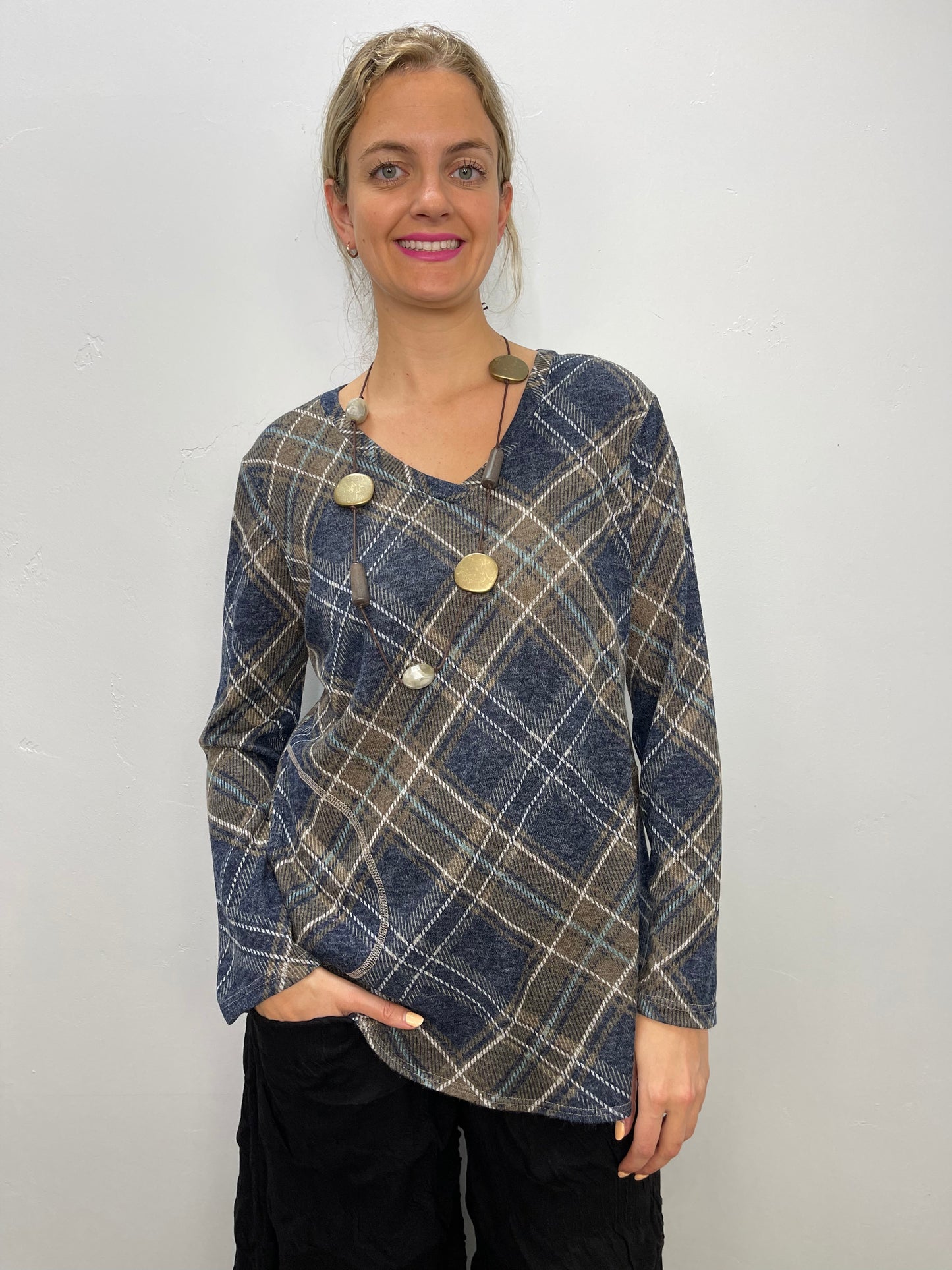 Brown and Navy Plaid Long Sleeve Tunic