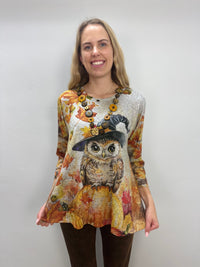 Fall Owl Pattern Hacci Top with 3/4 Sleeves