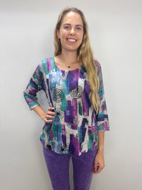 Purple and Blue Pattern Scoop Neck Top