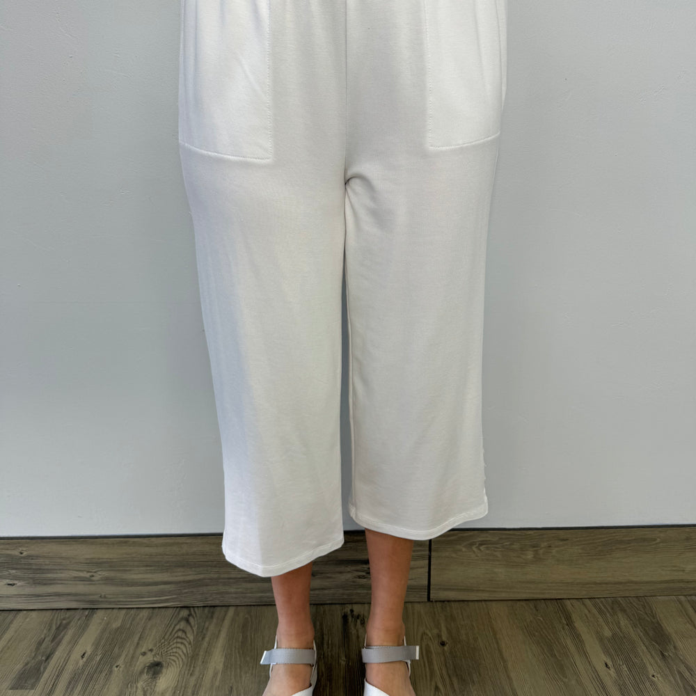 White Bamboo French Terry Capri with Button Detail