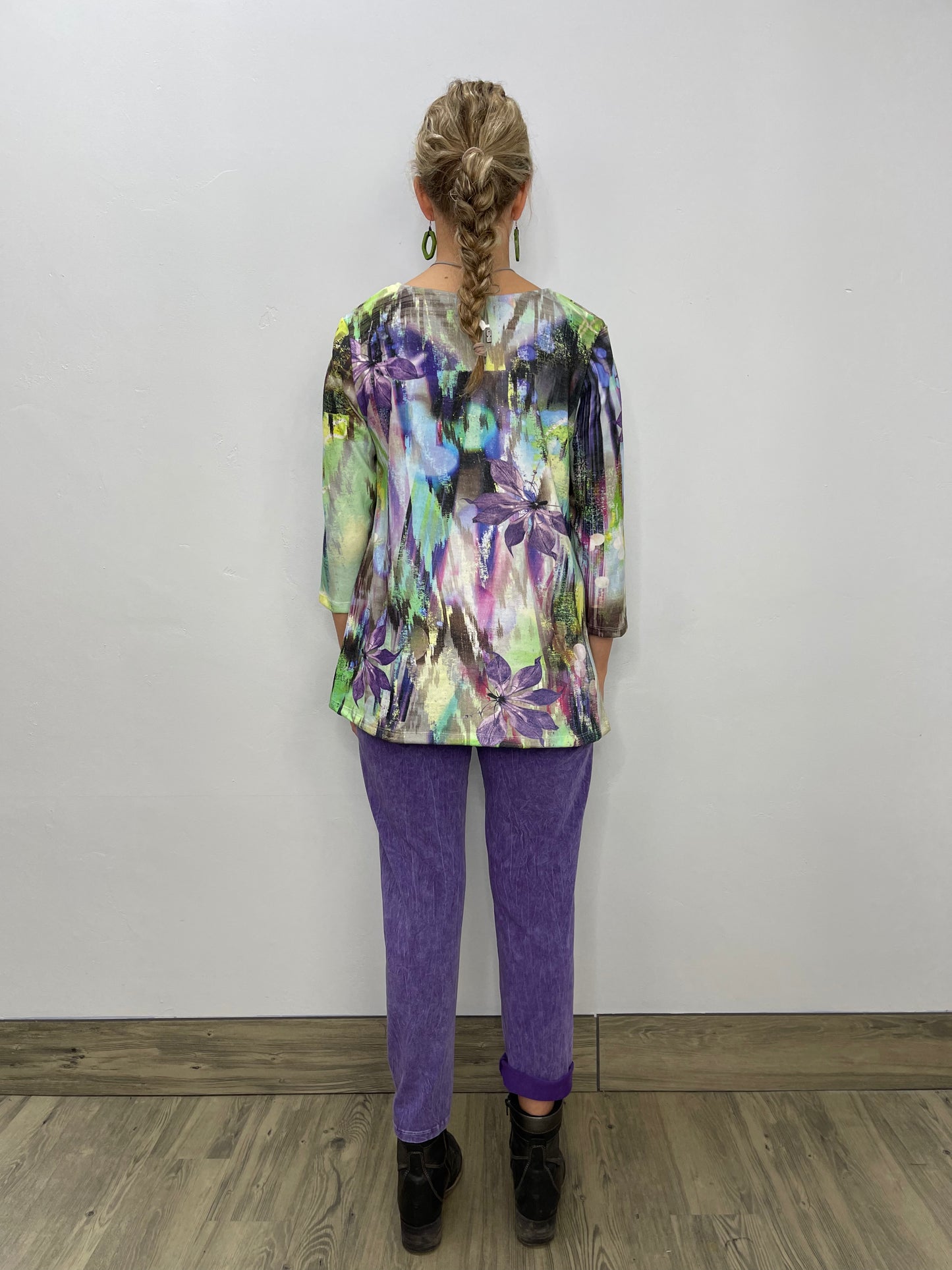 Purple Floral Watercolor Hacci Bushed 3/4 Sleeve Knit Tunic