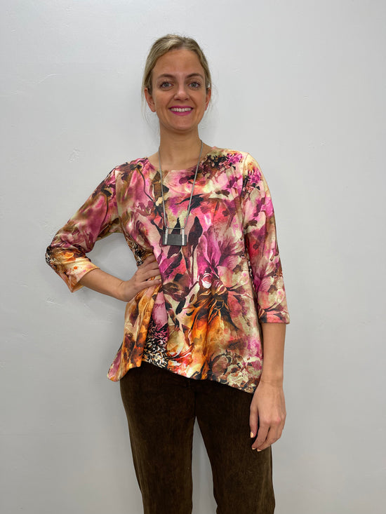 Pink Floral Hacci Bushed 3/4 Sleeve Knit Tunic