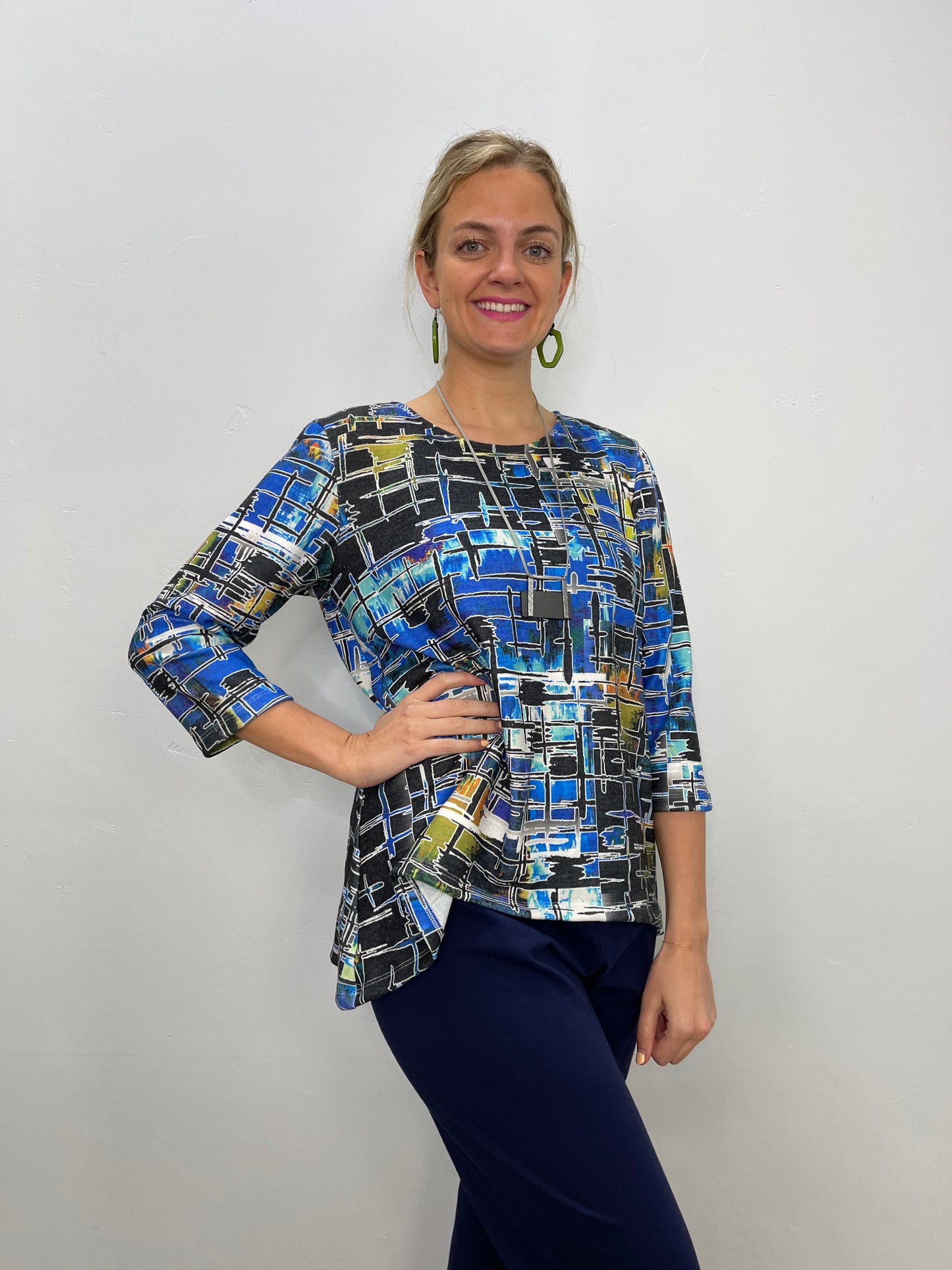 Royal Blue Pattern Hacci Bushed 3/4 Sleeve Knit Tunic